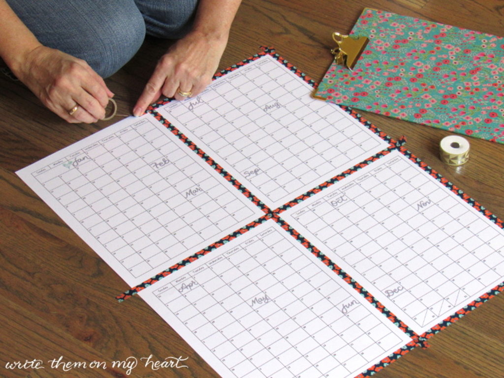 Printable Yearly Grid Calendar Poster - taped together with Washi tape.