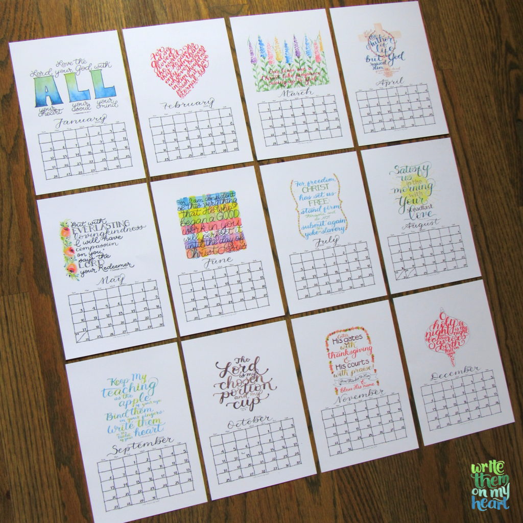 2020 Christian Printable Wall Calendar pages with 12 hand-painted Bible verses!