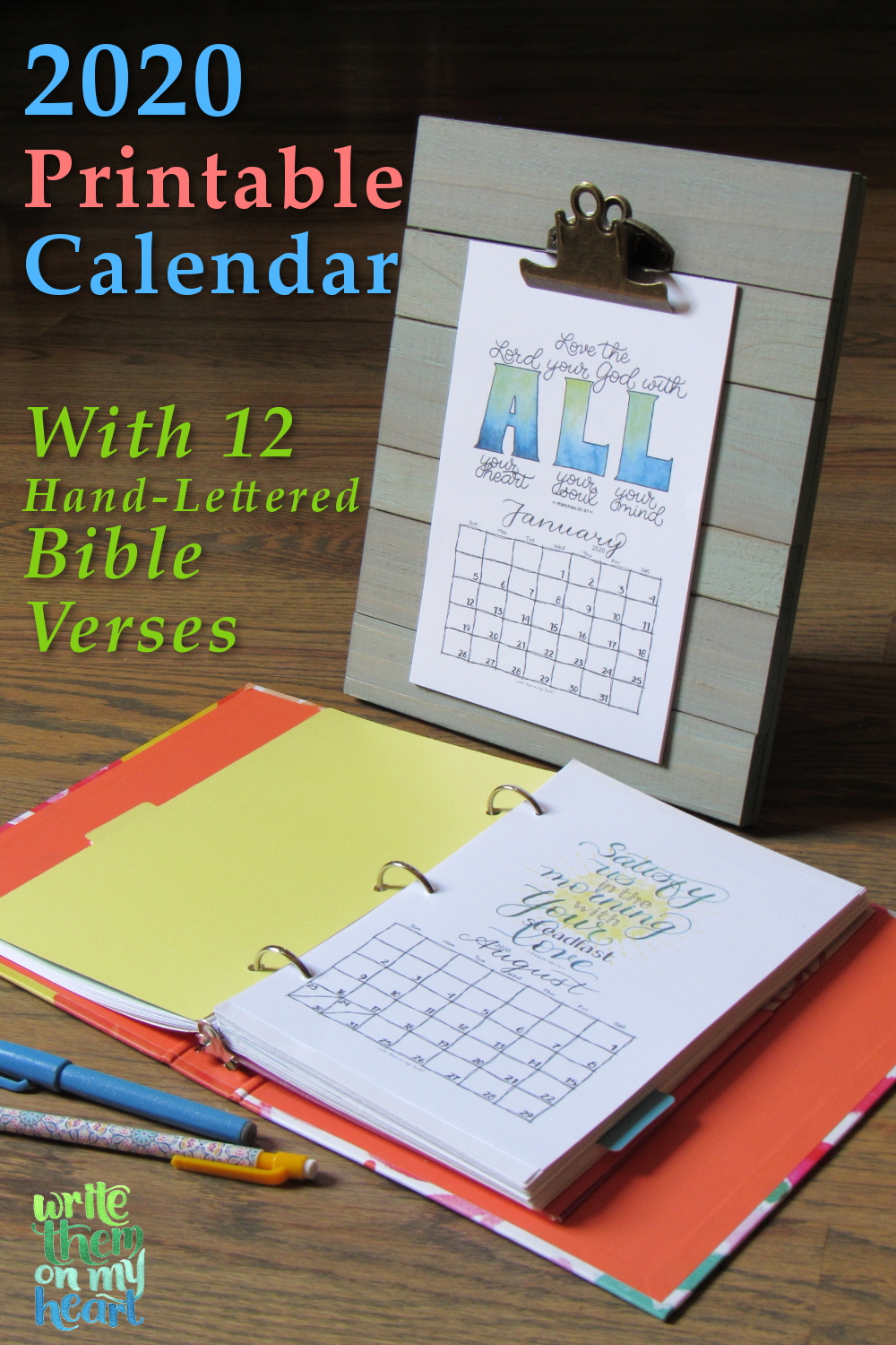 2020 Christian Printable Wall Calendar with 12 hand-painted Bible verses!