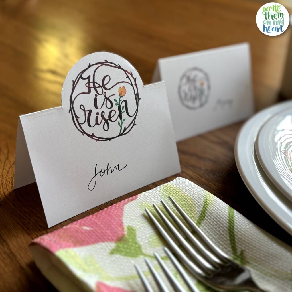 Easter Place Cards featuring He Is Risen calligraphy
