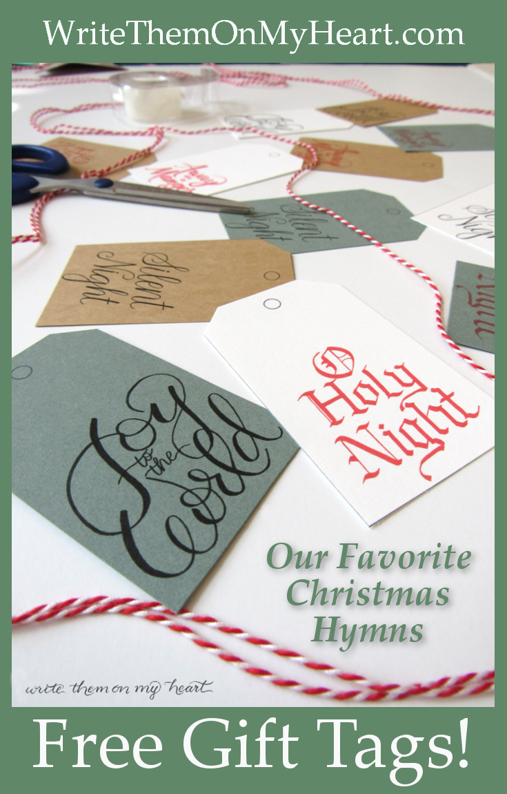 Free Gift Tags with your favorite Christmas Hymns in four different types of calligraphy! Simply download, print, cut, and add string! 