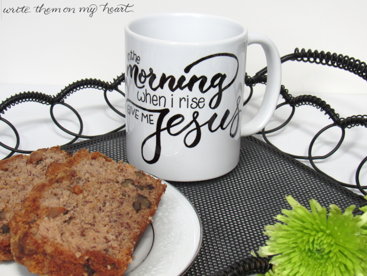 Christian Coffee Mugs that point to Jesus make wonderful gifts. How about this one with In the Morning When I Rise Give Me Jesus - in modern calligraphy?