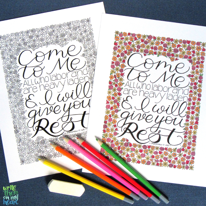 Matthew 11:28 Scripture Art plus coloring page to display in your bedroom. 