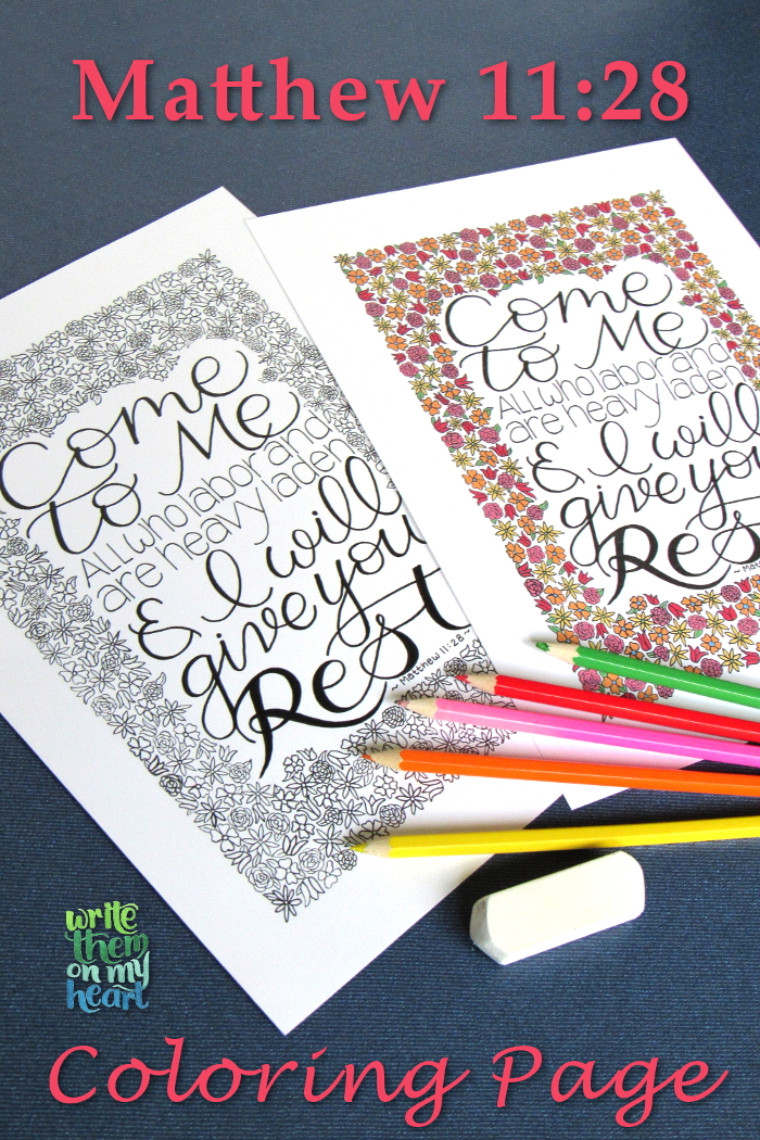 Matthew 11:28 Scripture Art printable coloring page - by Write Them On My Heart
