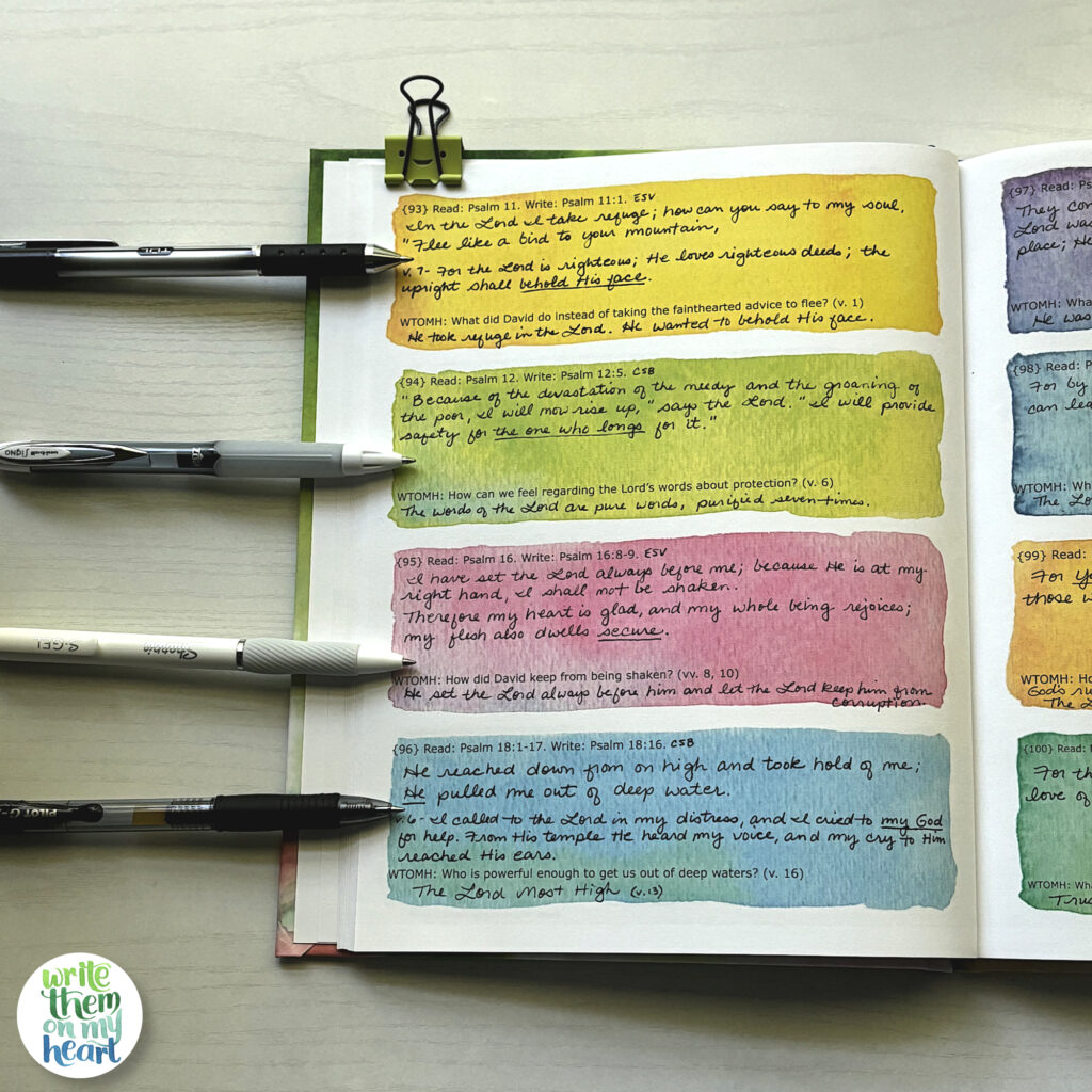 Pen comparison in a Scripture writing journal