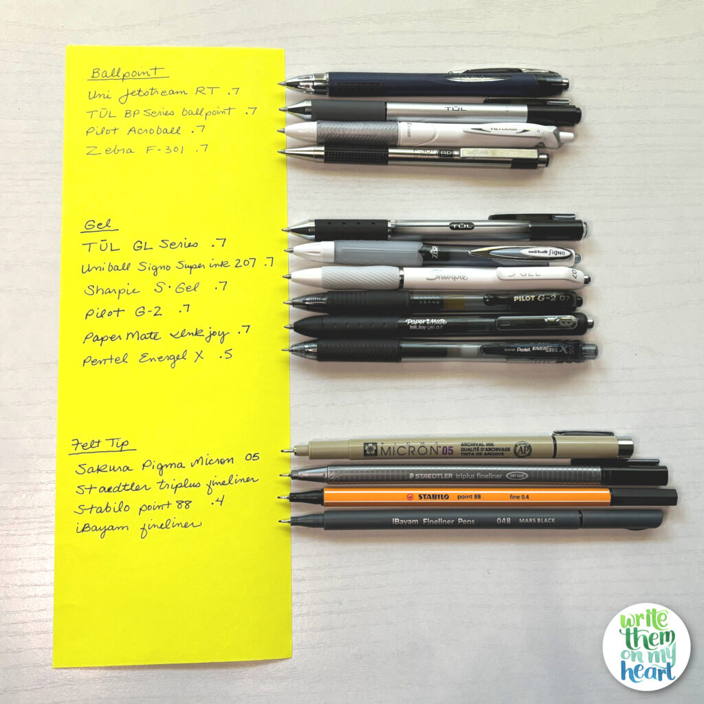 Pen comparison for writing in the Bible or a journal