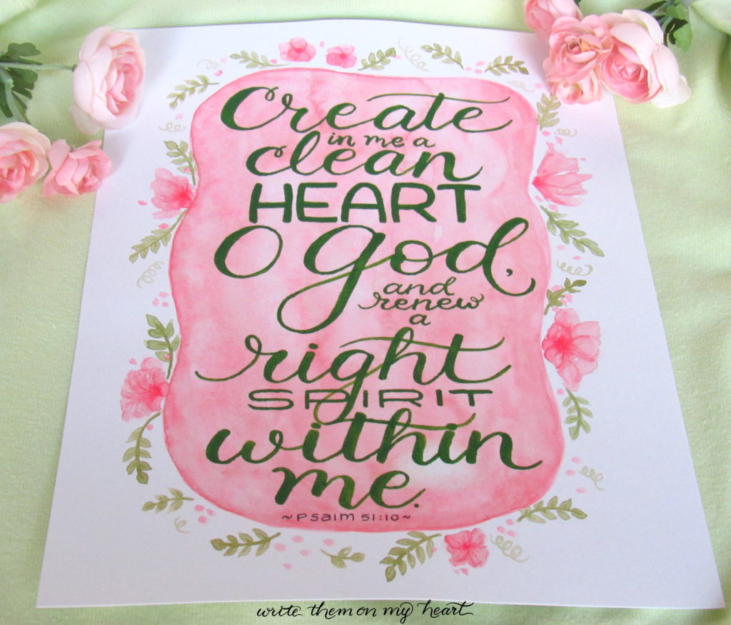 Psalm 51:10 Watercolor Calligraphy Printable