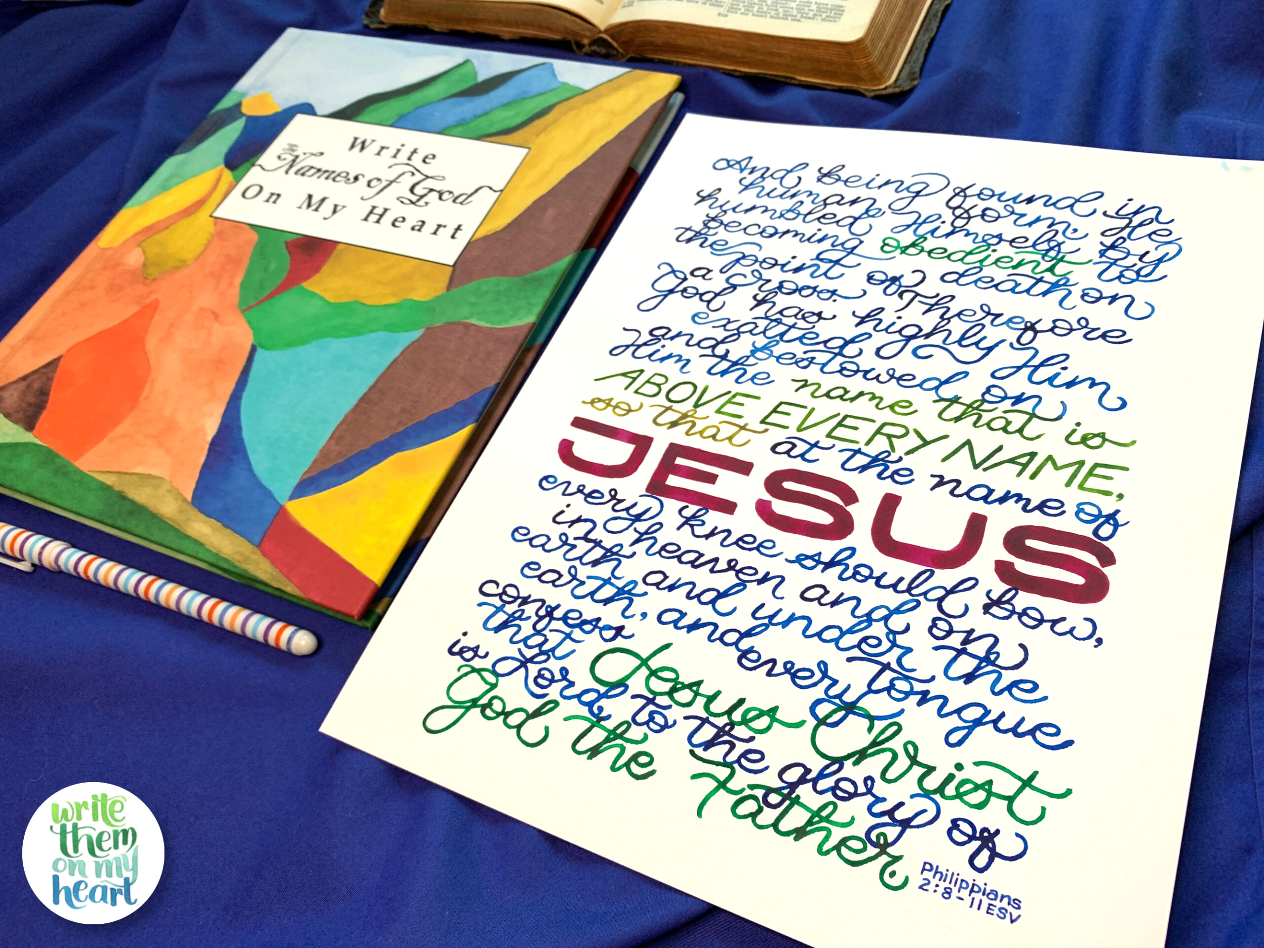 Write The Names of God On My Heart journal and Scripture Art of Philippians 2:8-11.