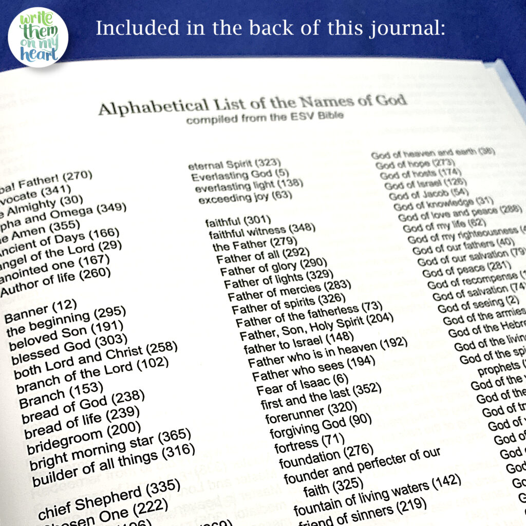 Alphabetical list of the 365 Names of God is included in the back of the journal.