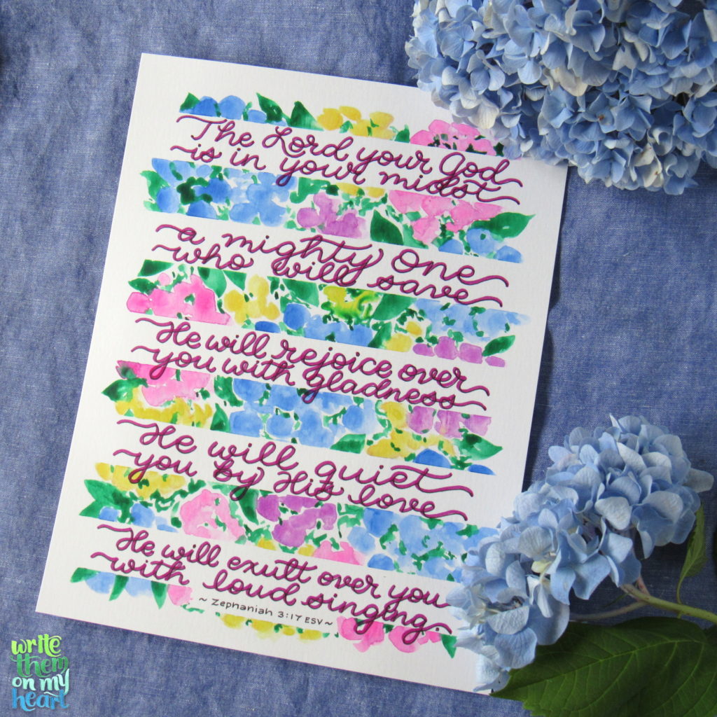 Zephaniah 3:17 floral Scripture Art Printable by Write Them On My Heart